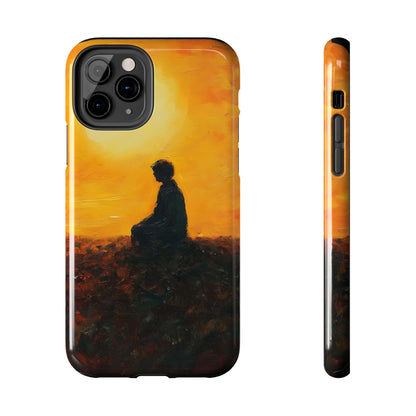Phone case with silhouette of person meditating at sunset, spiritual art design