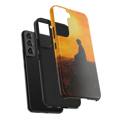 Phone case with silhouette meditating at sunset, inspirational Christian art design