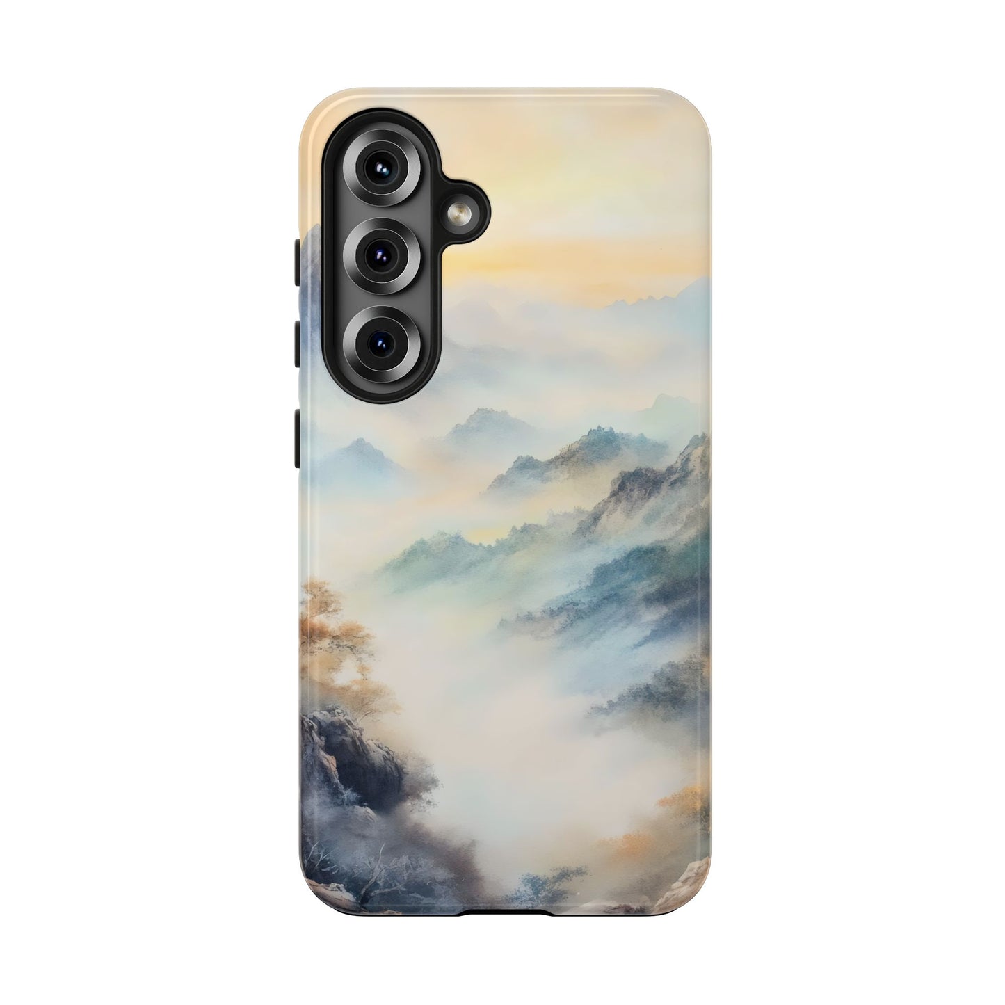 Phone case with serene watercolor mountain landscape and mist, spiritual art design