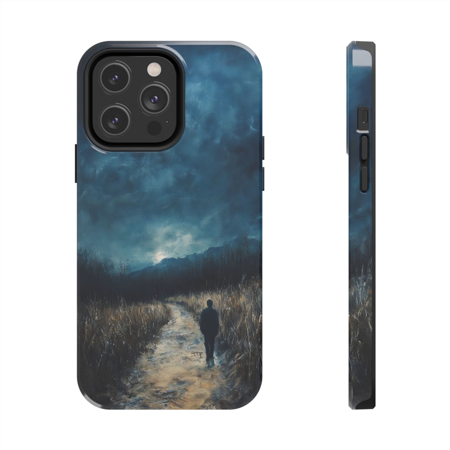 Phone case with silhouette walking a path under a moody, blue sky and mountains design
