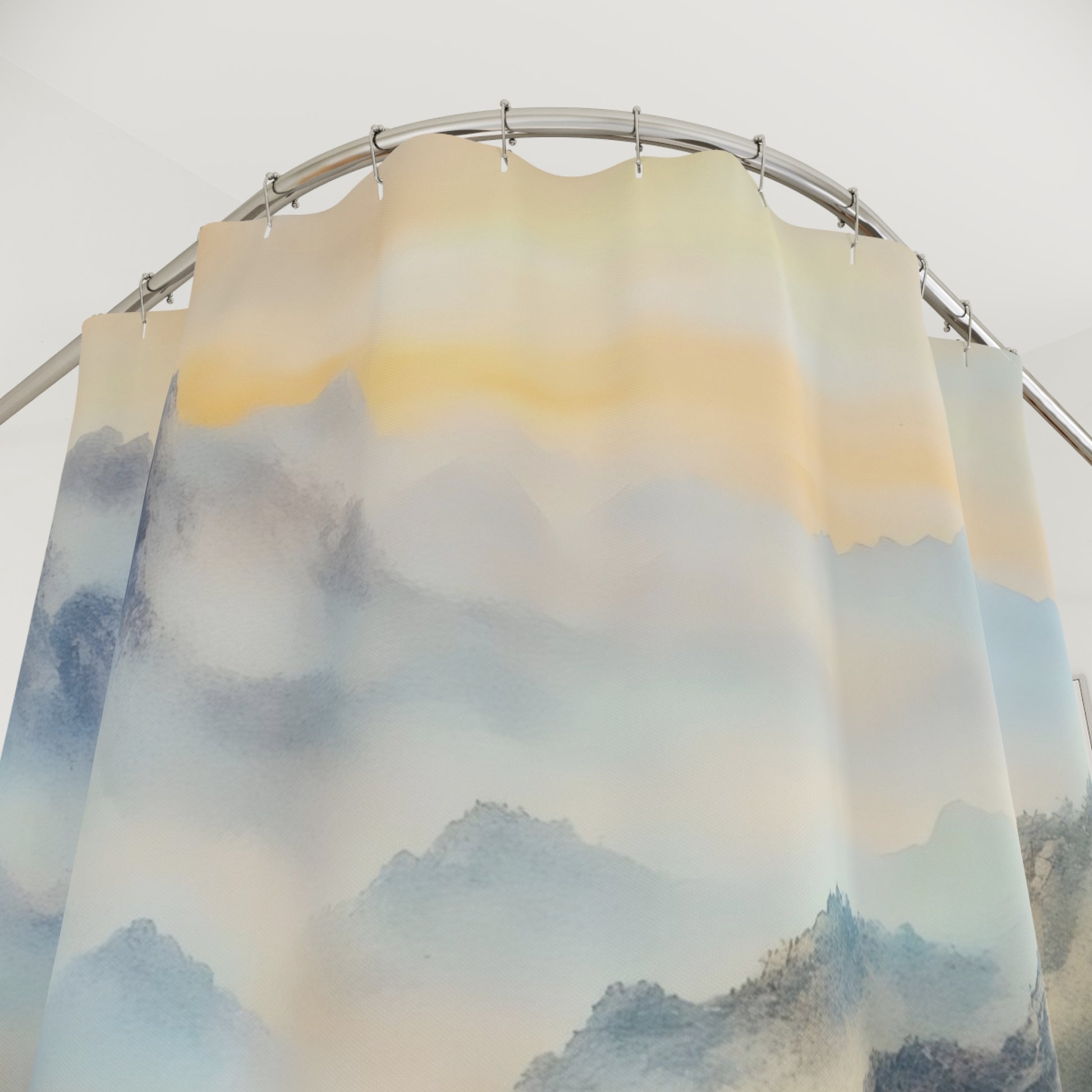 Shower curtain with soft watercolor mountain landscape in blue and yellow tones