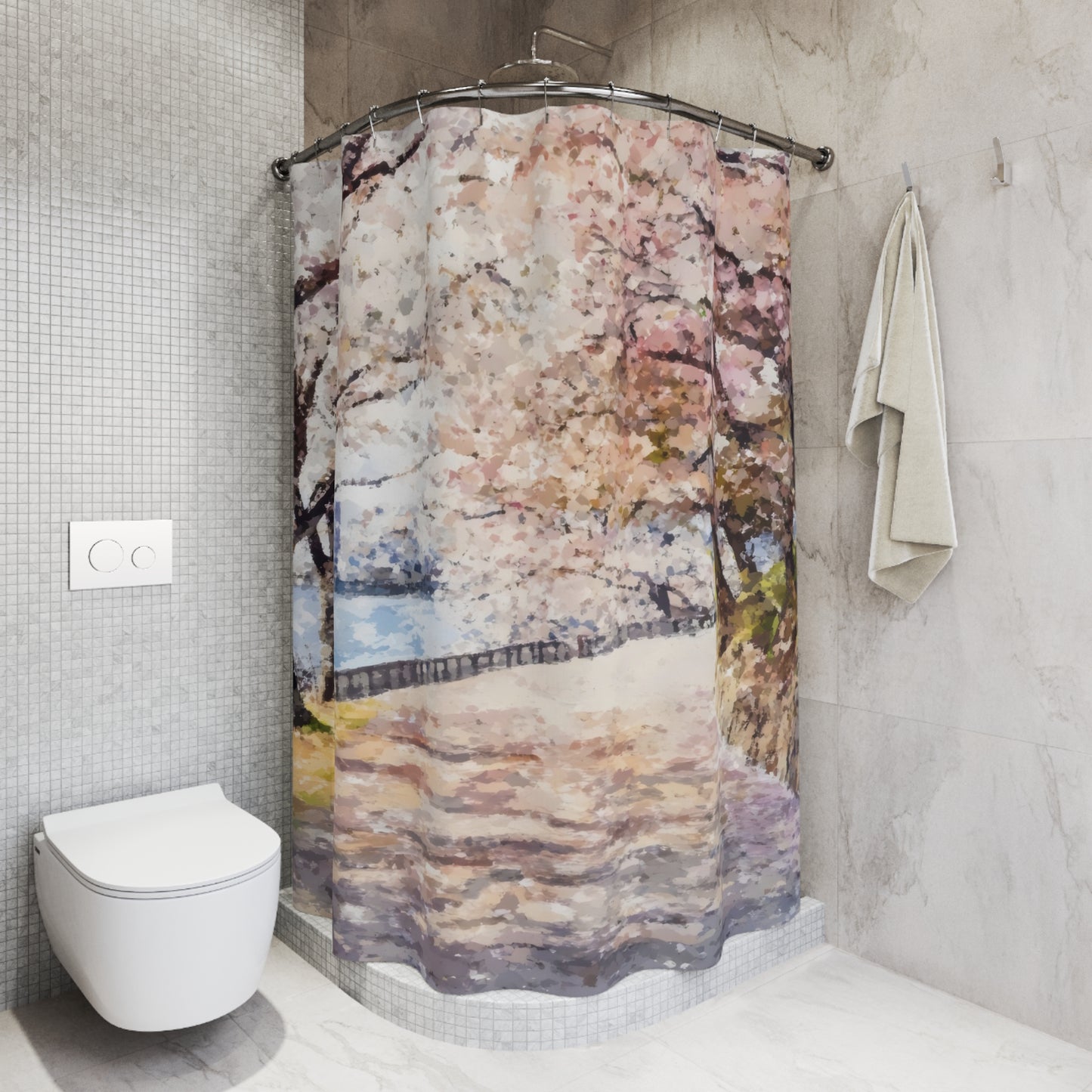 Bathroom with floral art shower curtain, modern toilet, light tile walls, and hanging towel