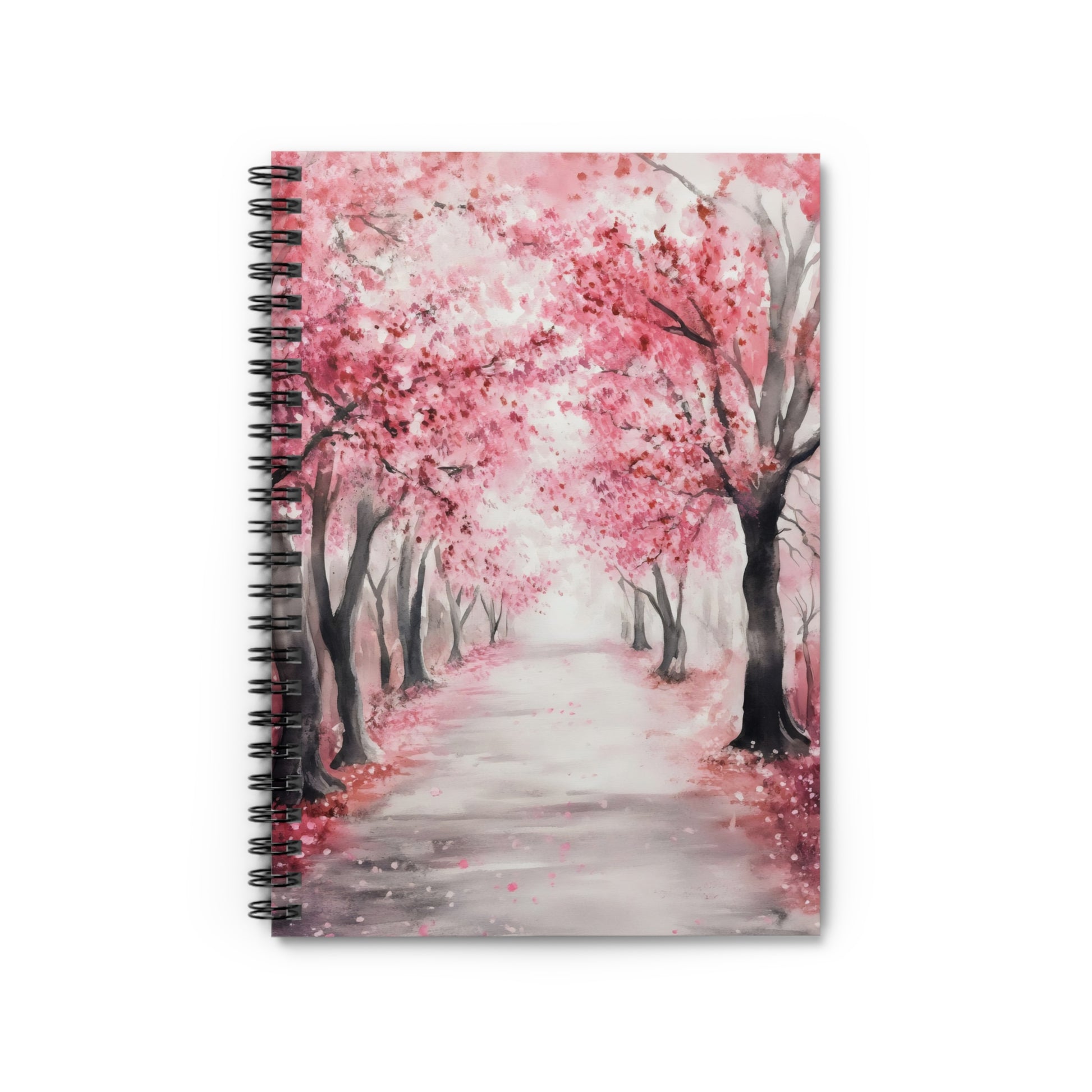 Spiral notebook with pink cherry blossom trees and serene pathway watercolor art cover