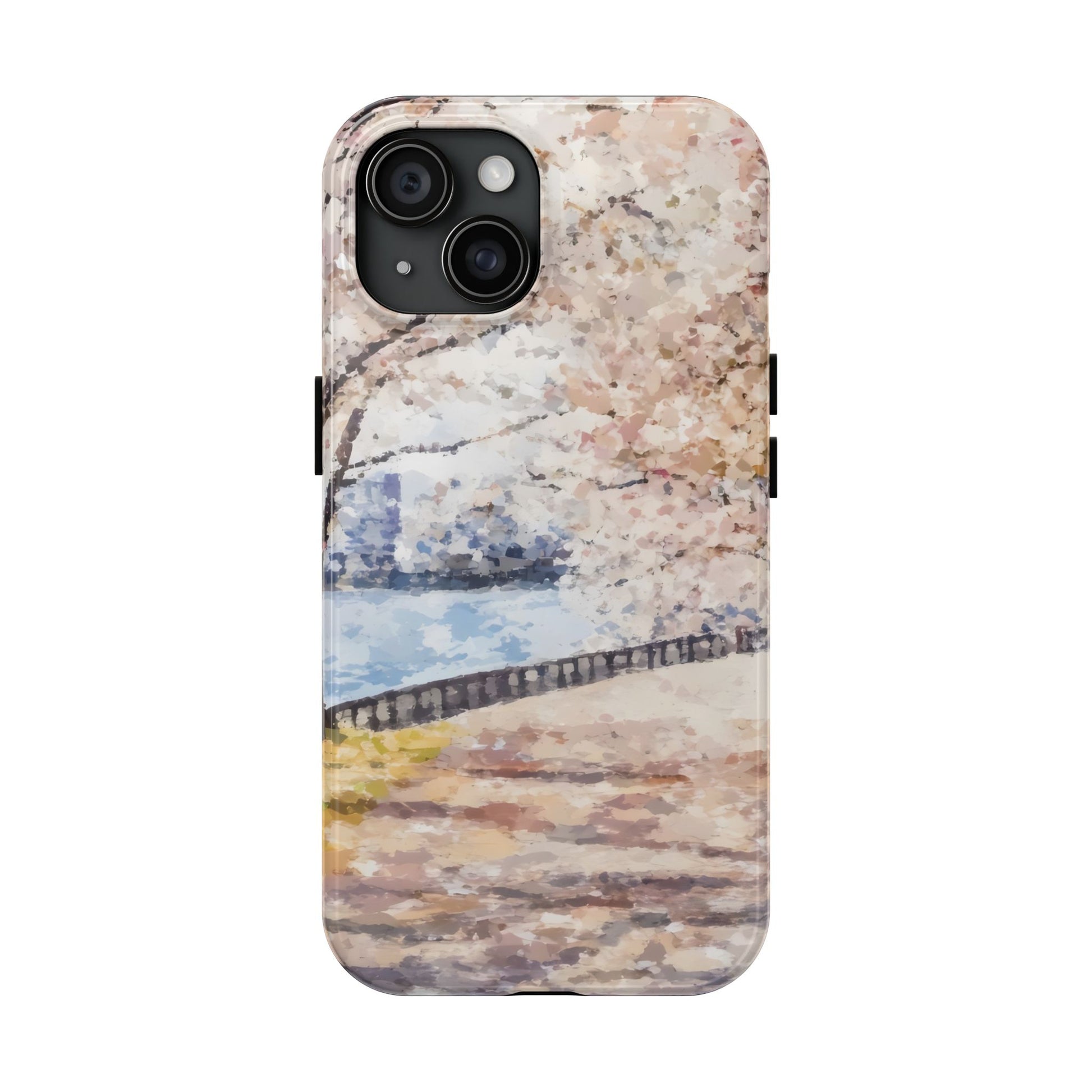 Phone case with pastel impressionist cherry blossom tree and riverside path design