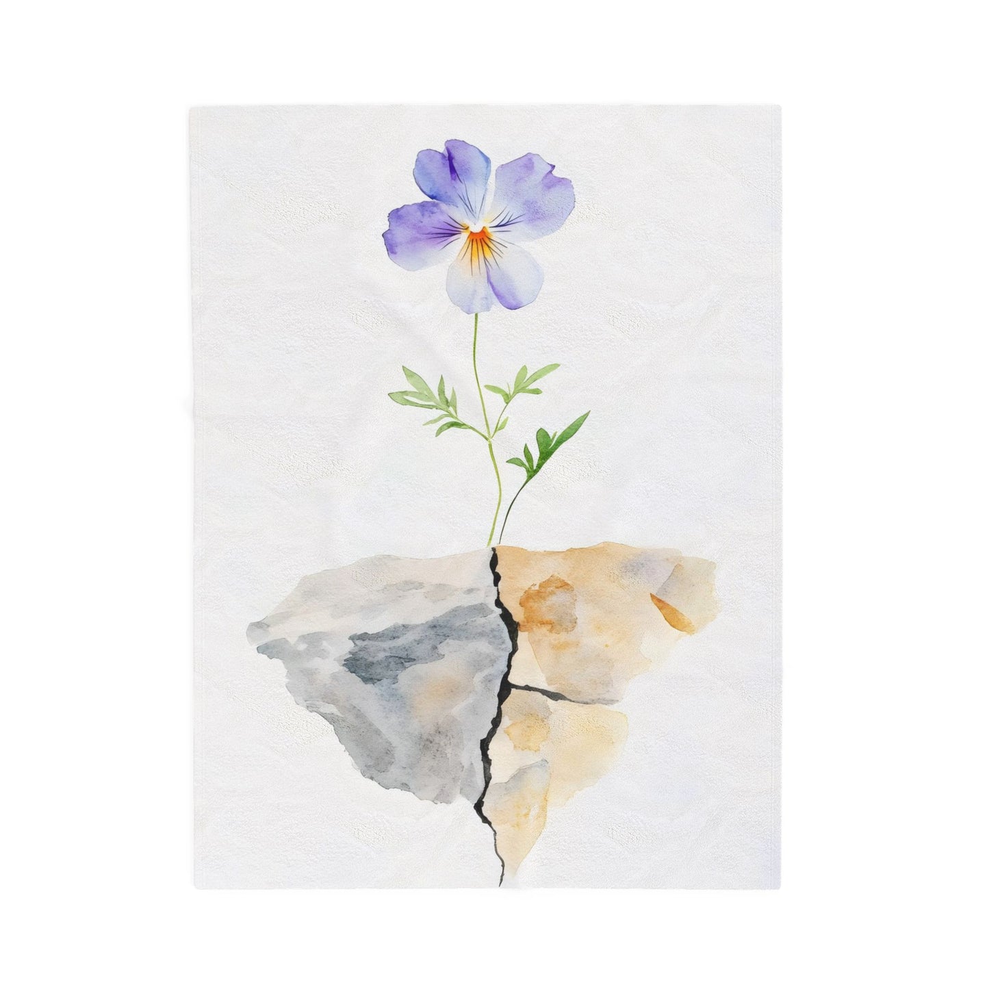 Purple watercolor flower growing from cracked stone, minimalist Christian wall art