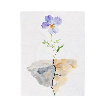 Purple watercolor flower growing from cracked stone, minimalist Christian wall art