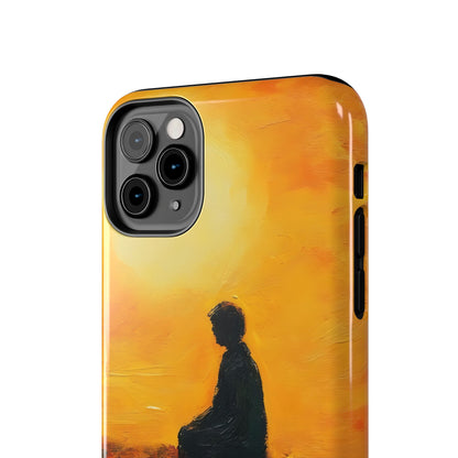 Minimalist phone case with silhouette of meditating person against warm yellow sunset background