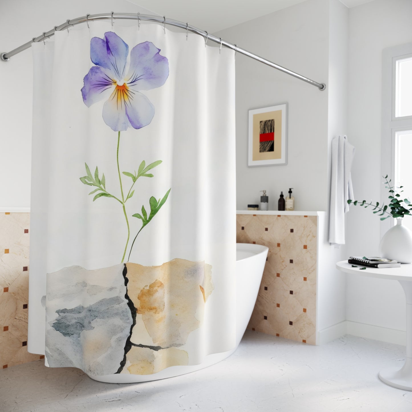 Minimalist bathroom with a floral shower curtain featuring watercolor violet flower and cracked stone design
