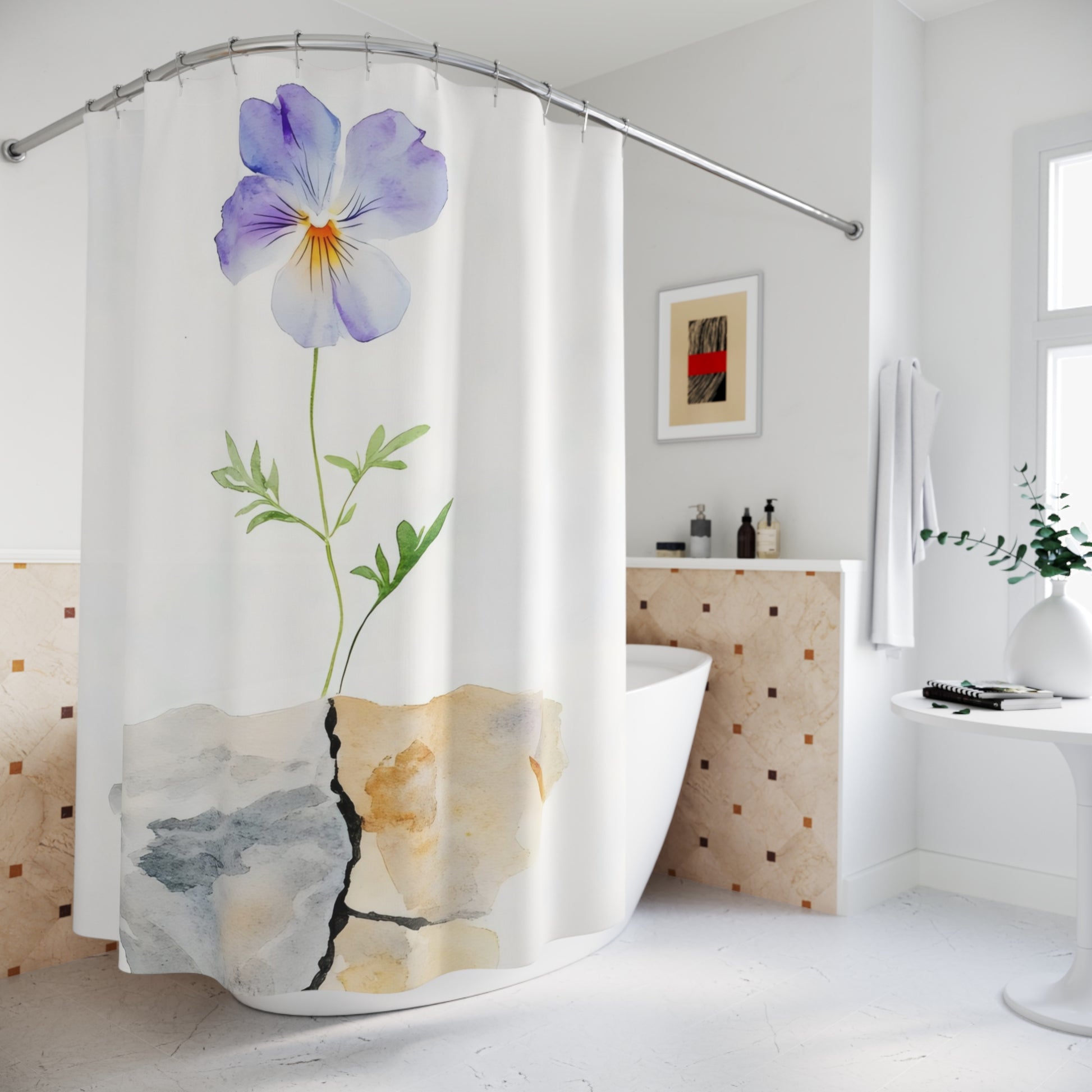 Minimalist bathroom with a floral shower curtain featuring watercolor violet flower and cracked stone design