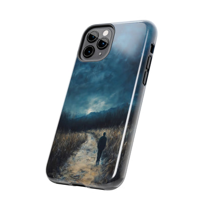 Spiritual phone case with silhouette walking on nature path under moody sky, faith-inspired art