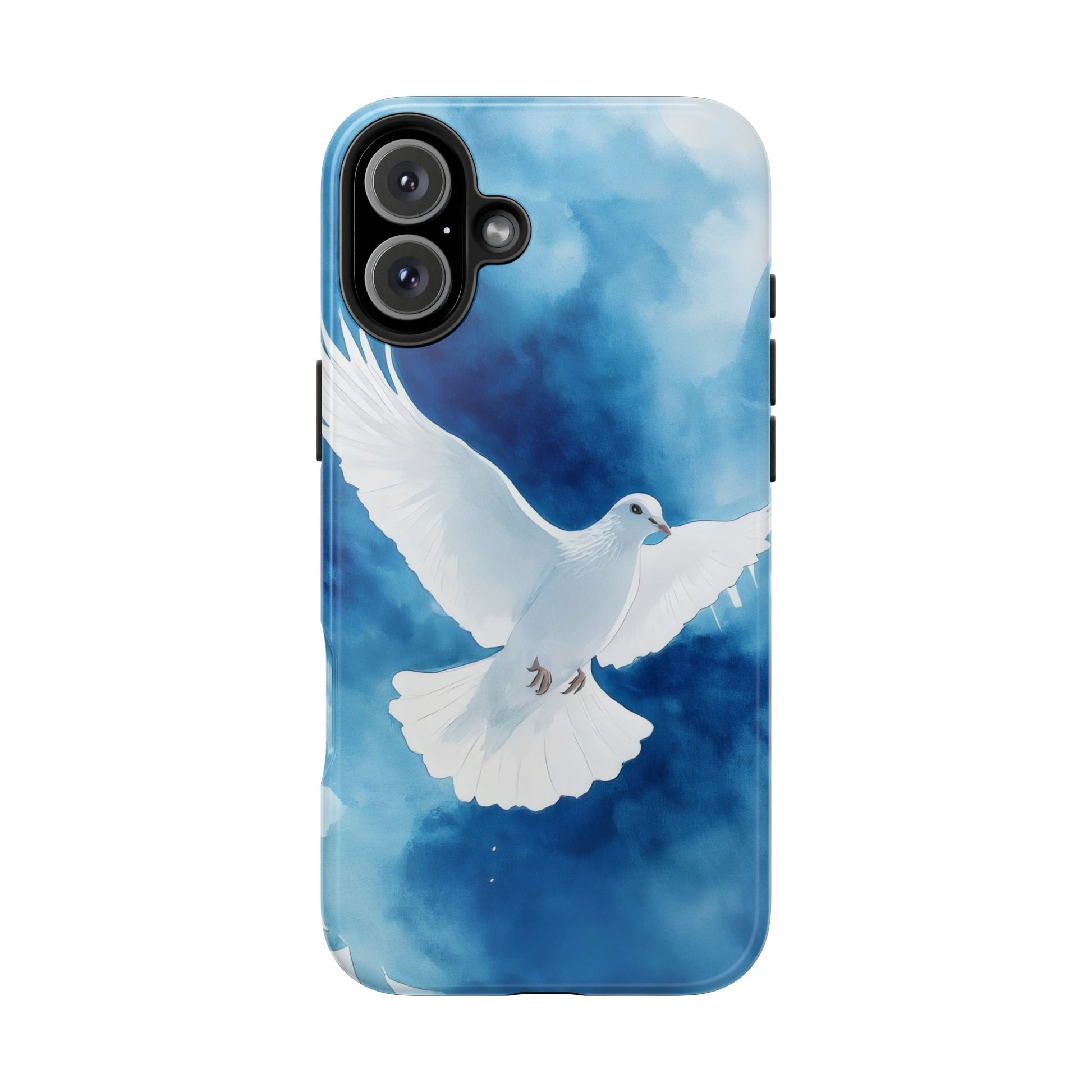Christian phone case with white dove illustration on blue sky background, symbol of peace
