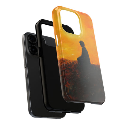 Phone case with silhouette of a person meditating at sunset, spiritual art design