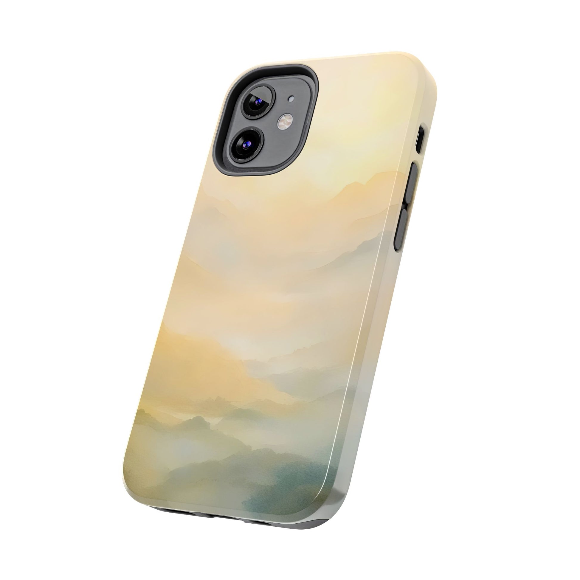 Phone case with a soft pastel mountain landscape design, spiritual and mindful accessory