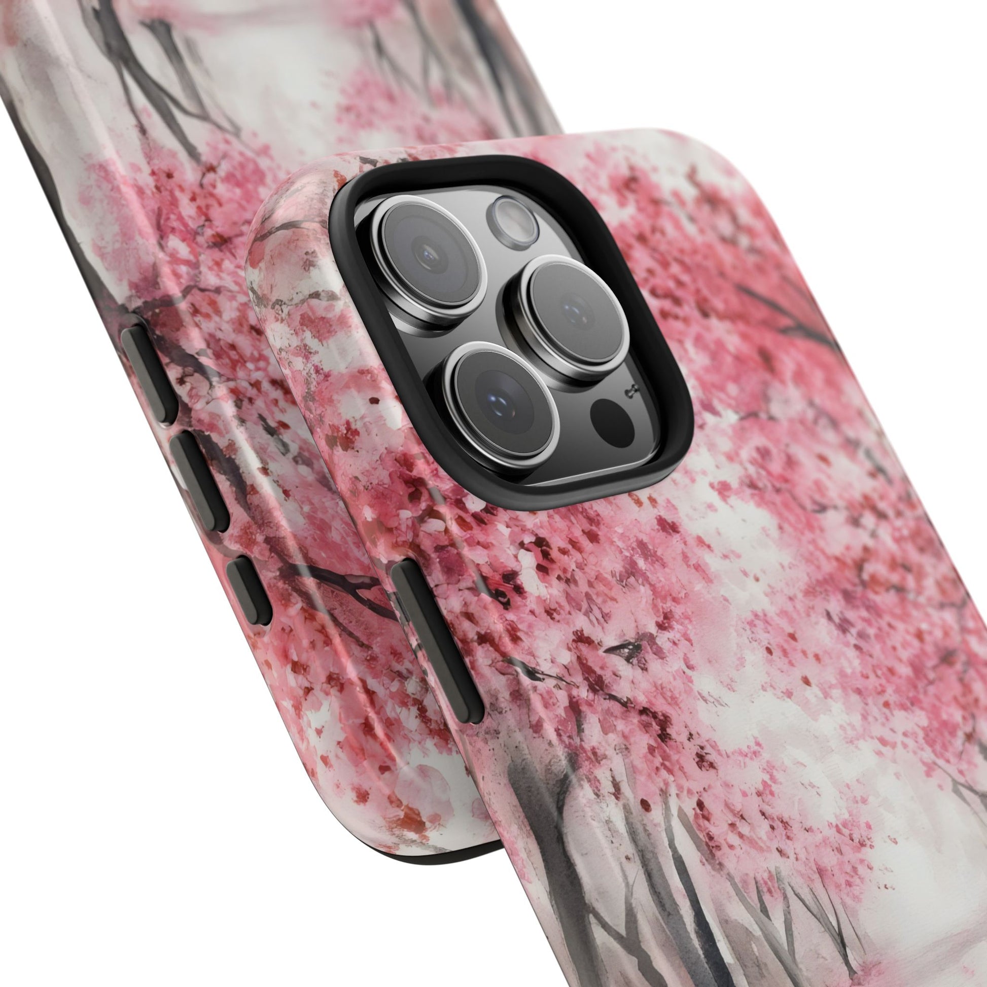 iPhone case with pink cherry blossom watercolor art and soft black accents