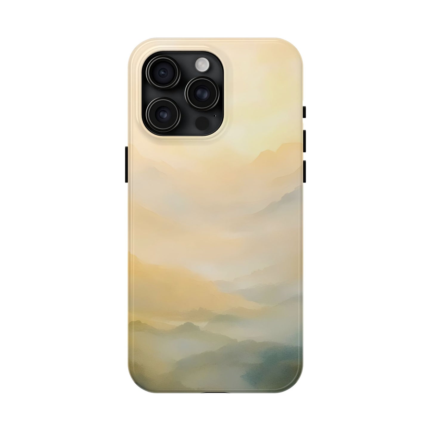 Phone case with serene misty mountain landscape in soft beige and blue watercolor style.