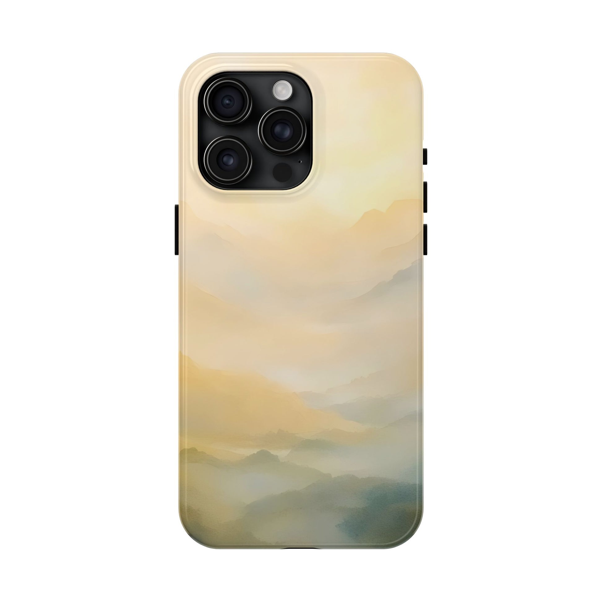 Phone case with serene misty mountain landscape in soft beige and blue watercolor style.