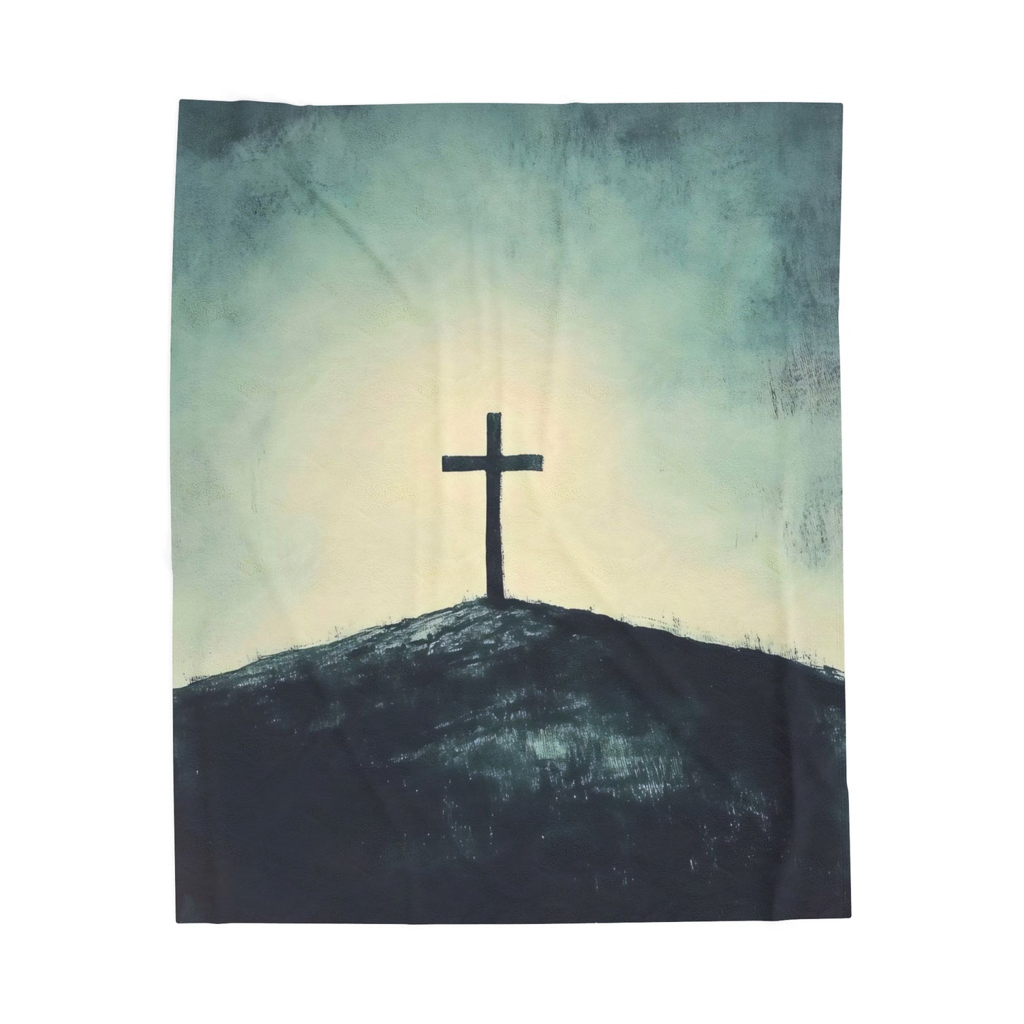 Cross on Hill Velveteen Plush Blanket | Religious Christian Decor, Prayer Throw