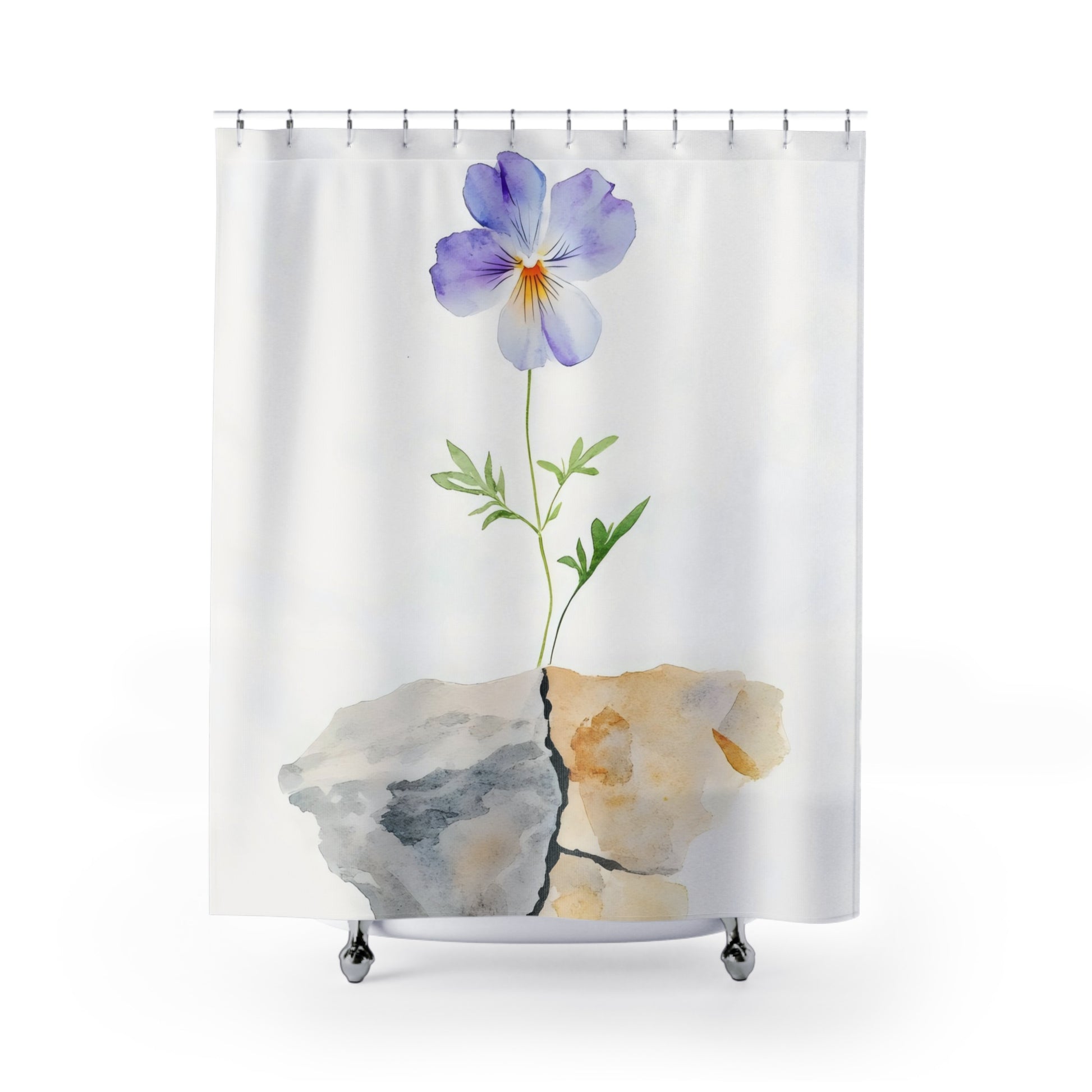 Watercolor purple flower growing from cracked stone on white shower curtain, minimalist decor