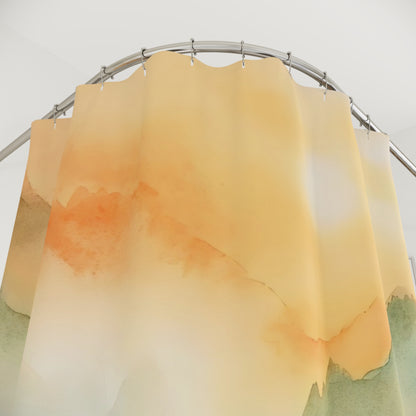 Abstract watercolor shower curtain with soft orange, yellow, and green tones on a curved rod