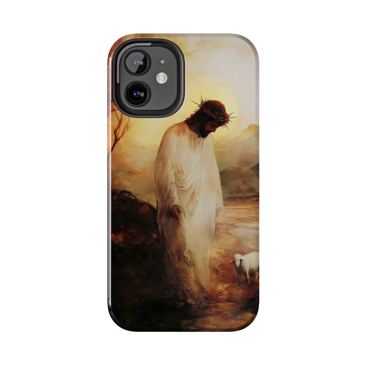 Christian phone case with Jesus wearing crown of thorns and a lamb in peaceful landscape