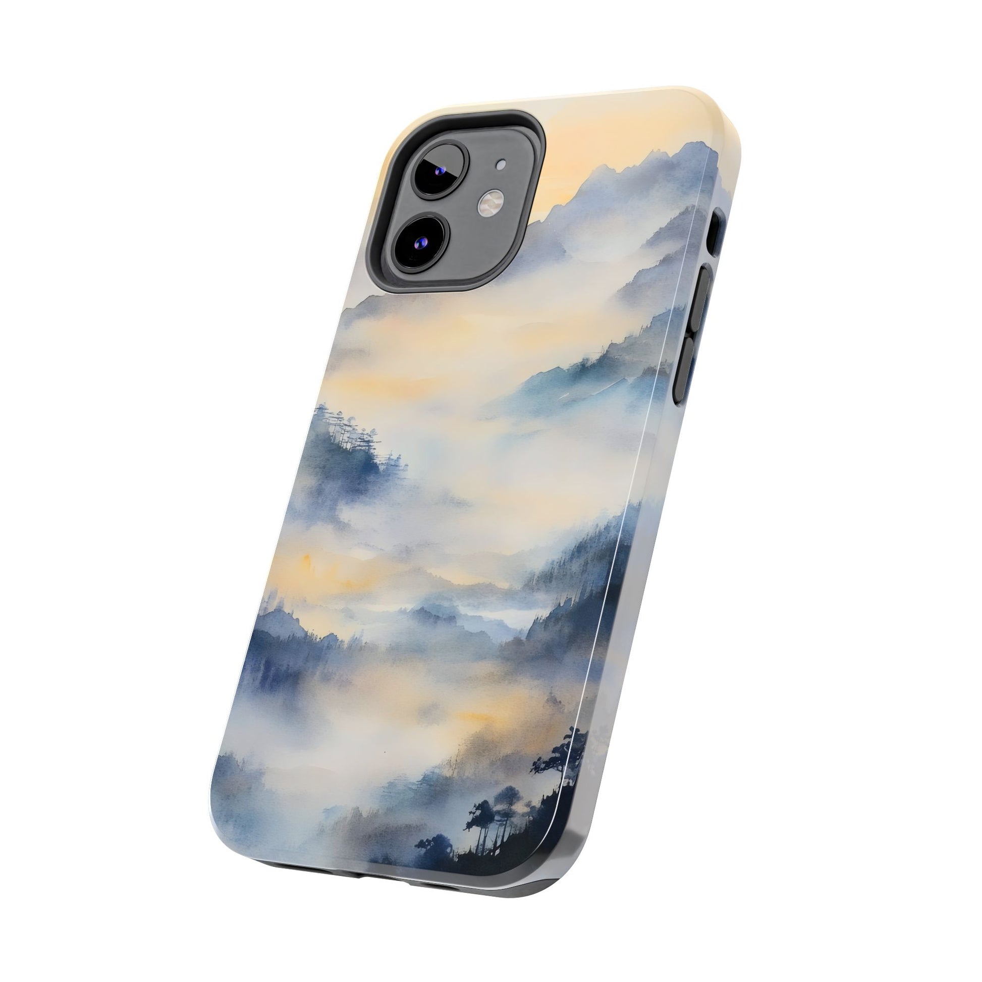 iPhone case featuring a tranquil misty mountain landscape in soft watercolor hues