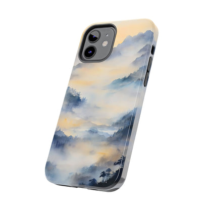 iPhone case featuring a tranquil misty mountain landscape in soft watercolor hues