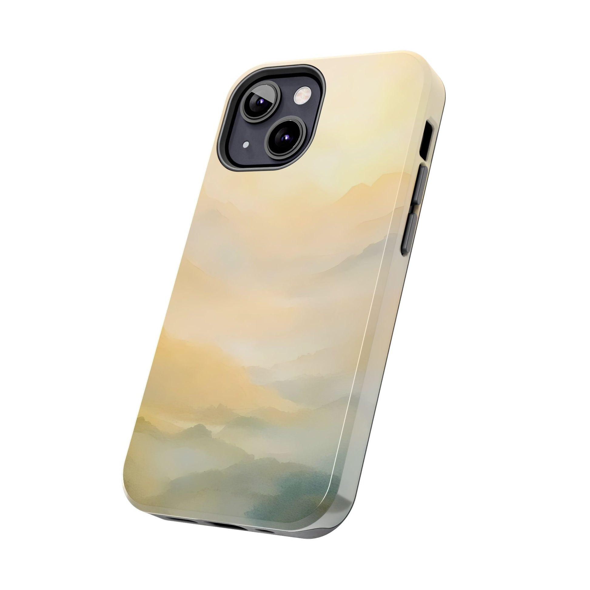 Phone case with soft pastel mountain landscape, minimalist spiritual home decor accessory