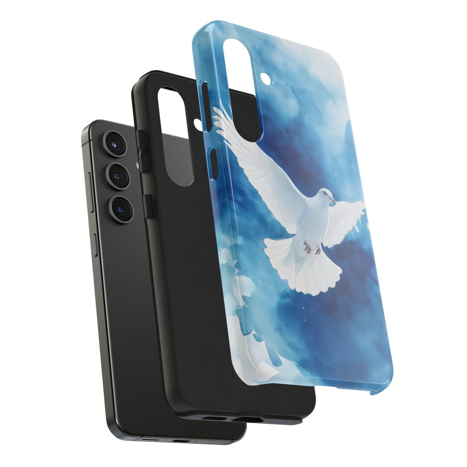 Christian phone case with white dove on blue sky, spiritual and faith-inspired design