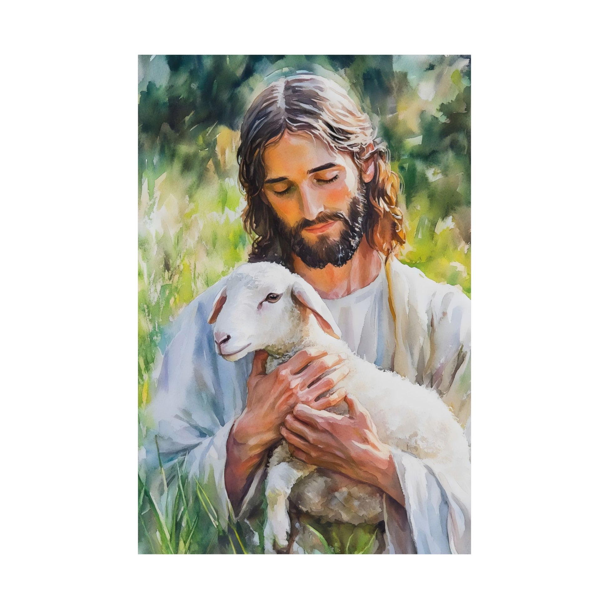 watercolor painting of a serene man with long hair gently holding a lamb in green nature