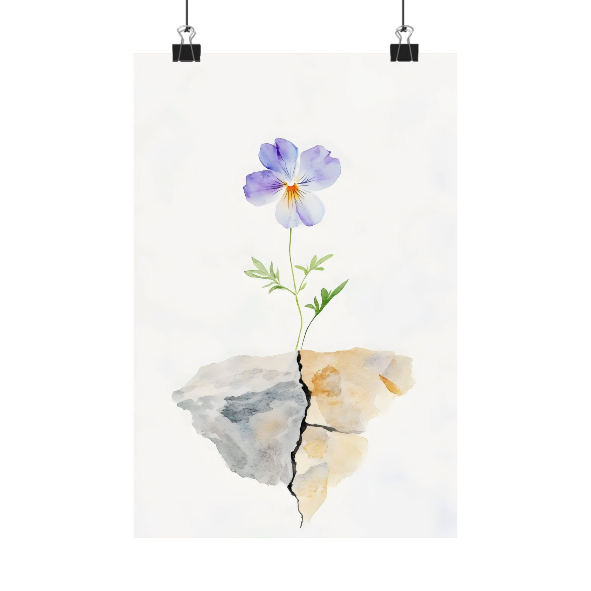 Purple flower growing through cracked rock watercolor Christian wall art minimalist
