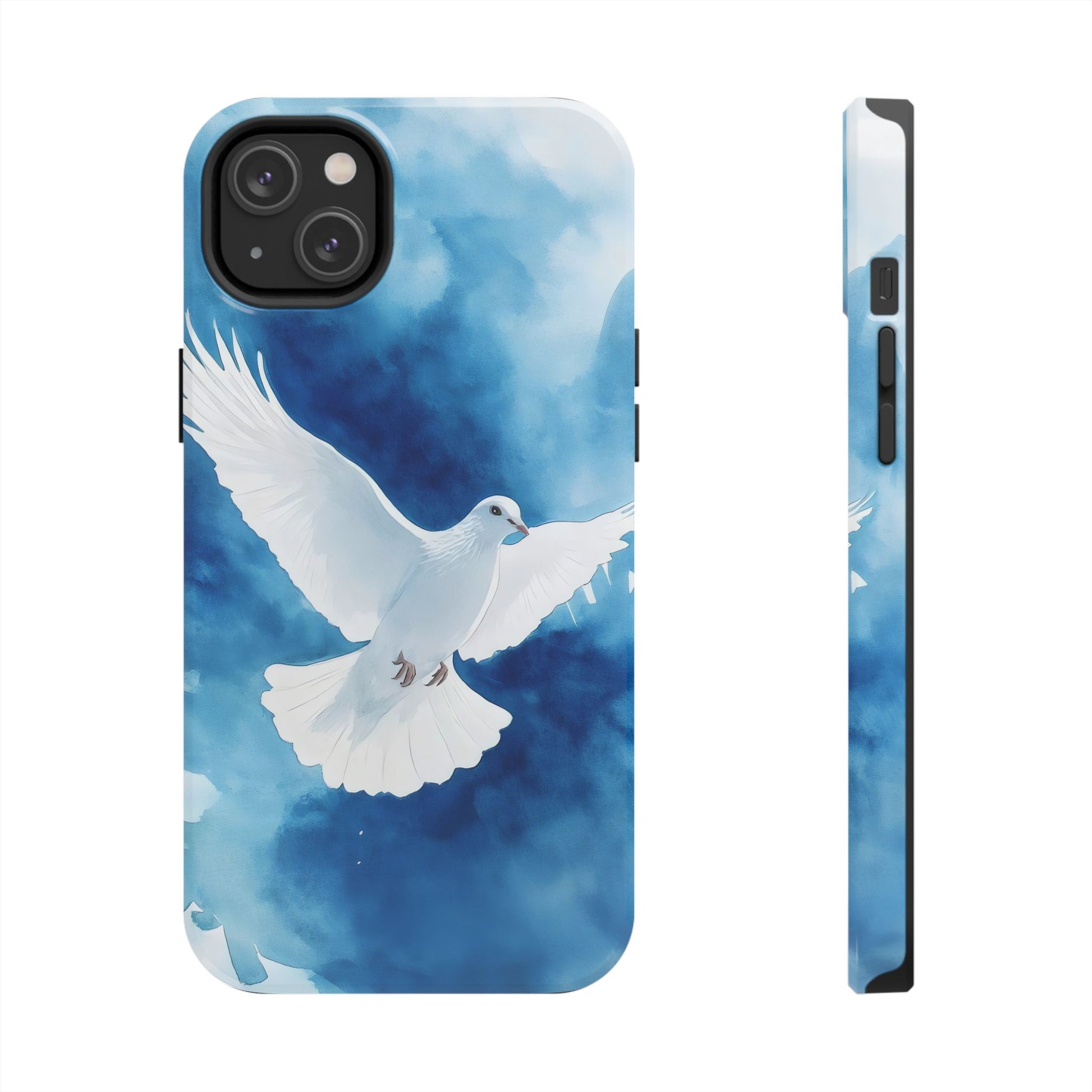 Christian phone case with flying white dove and blue watercolor sky background