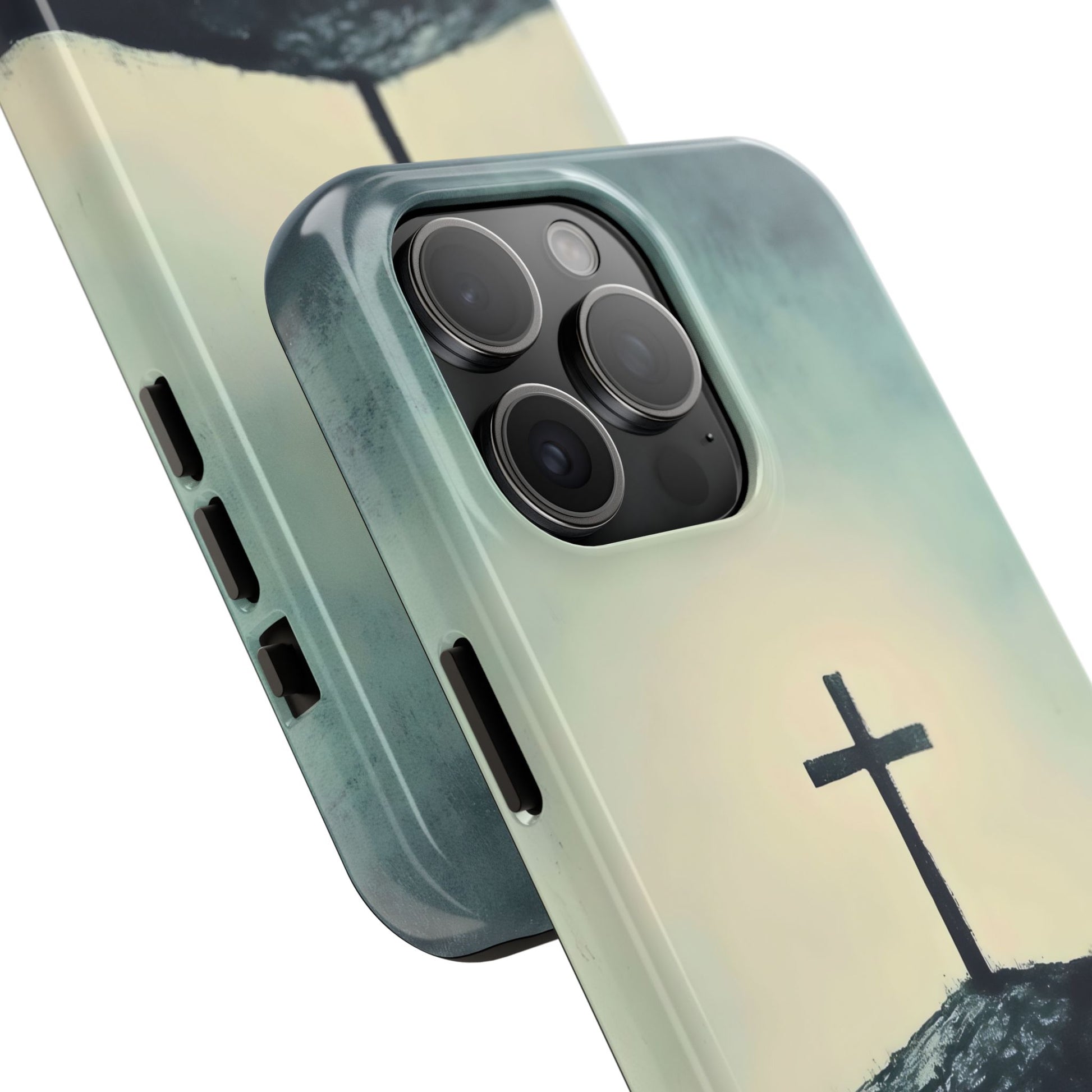 Phone case with Christian cross design on a hill, inspirational faith-themed accessory