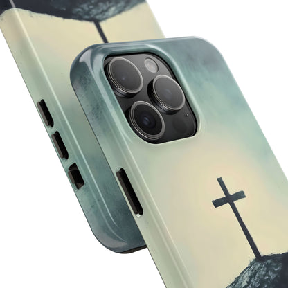 Phone case with Christian cross design on a hill, inspirational faith-themed accessory