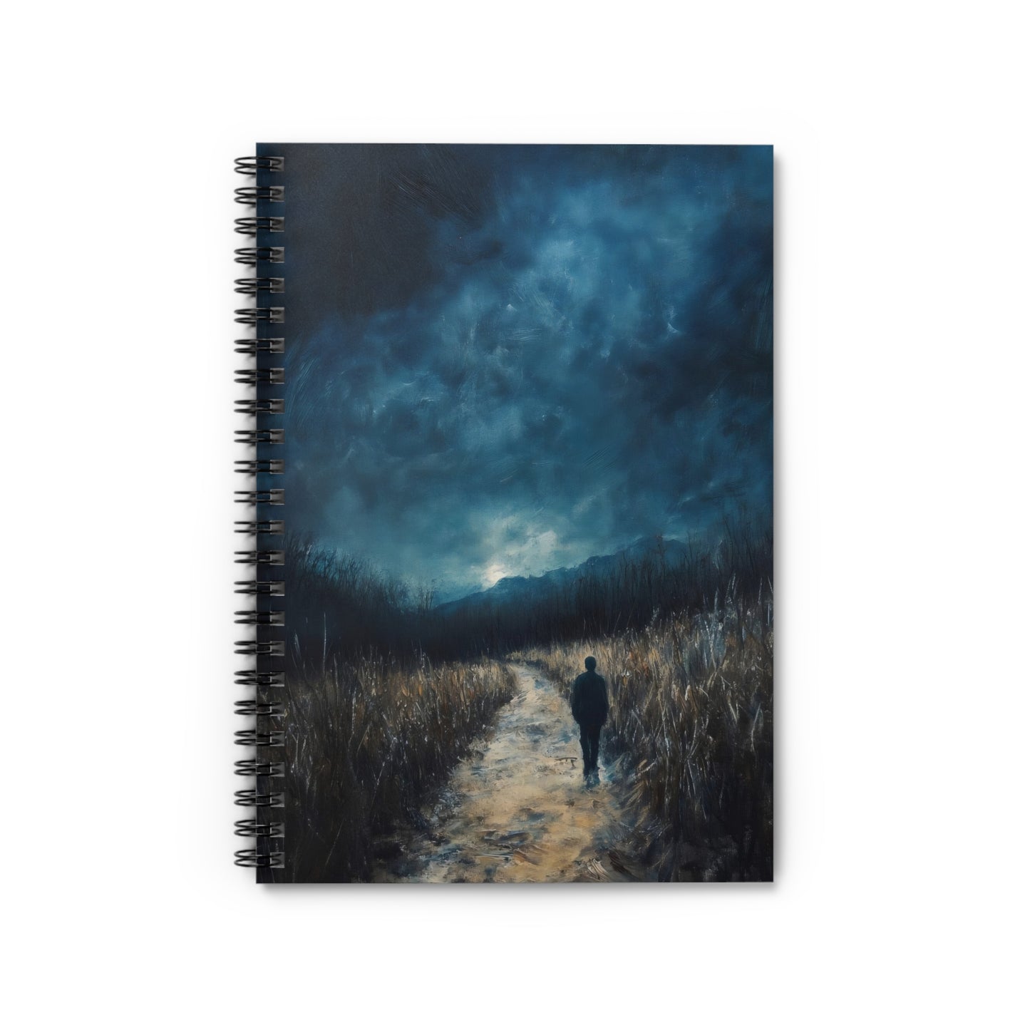 Spiral notebook with painting of person walking a path under dramatic night sky and tall grass