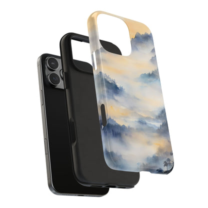 Abstract mountain landscape phone case in blue and gold tones, shown with iPhone and plain case