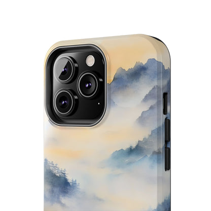 Phone case with misty blue mountain landscape watercolor design, minimalist style