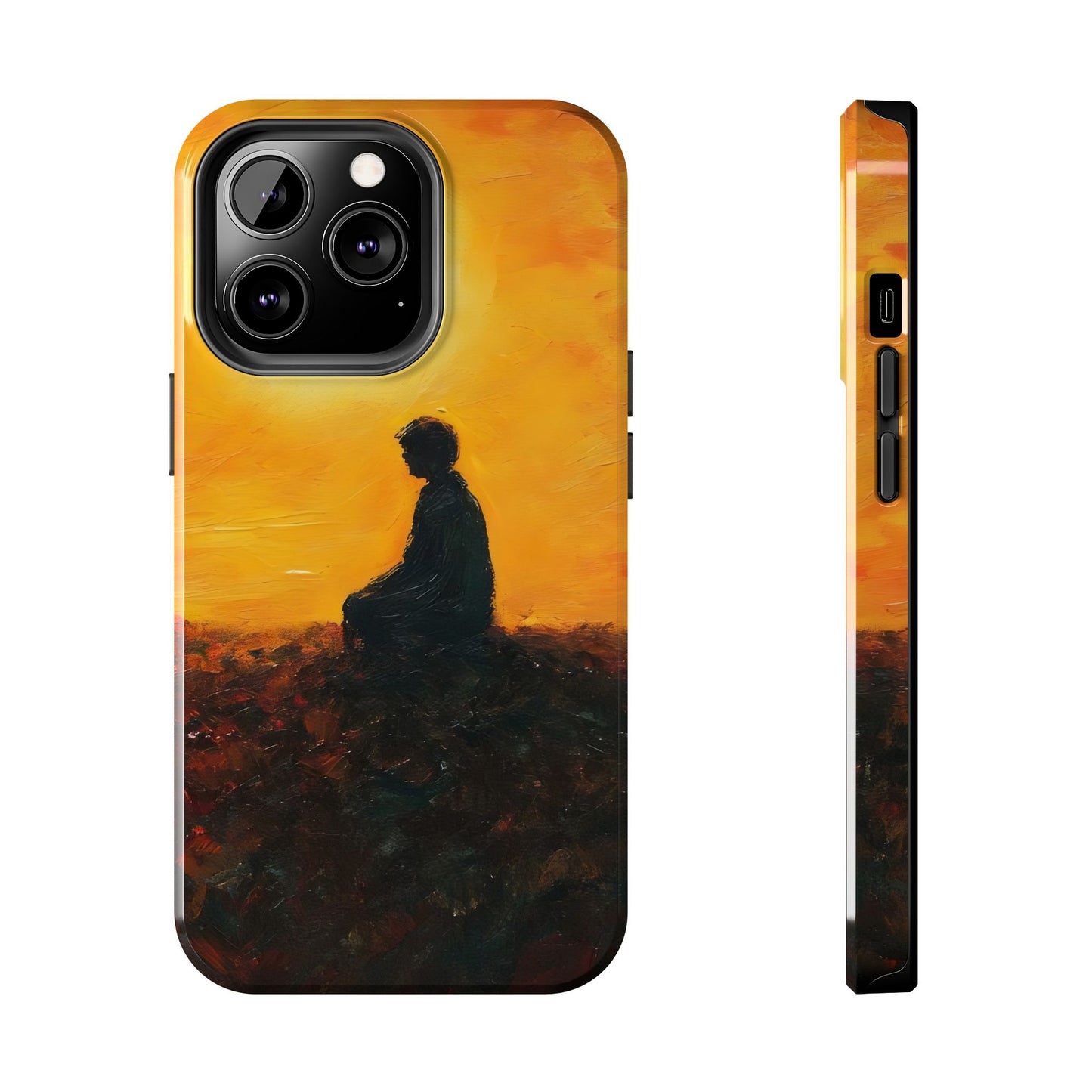 Phone case with silhouette of meditating figure at sunset, spiritual and mindful art design