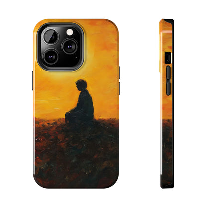 Phone case with silhouette of meditating figure at sunset, spiritual and mindful art design