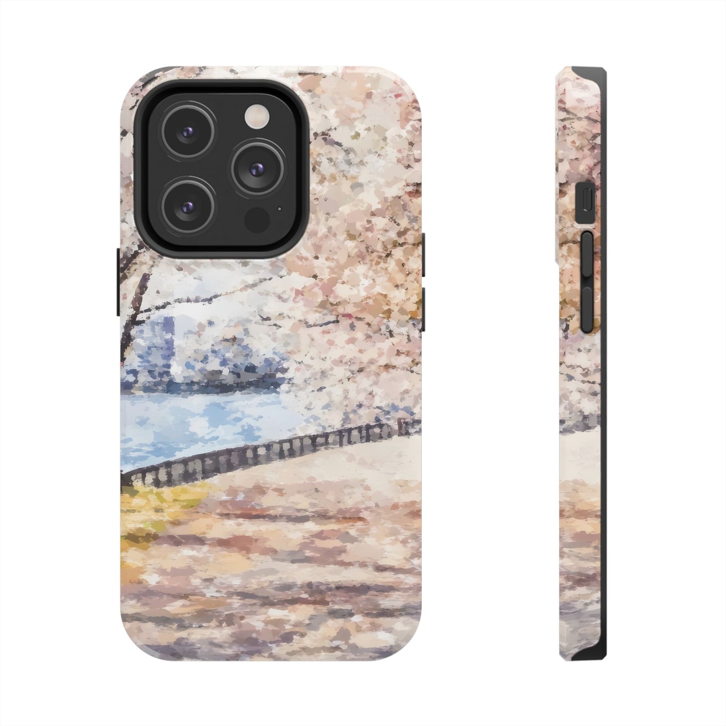 Pastel phone case with serene watercolor cherry blossom path by a river