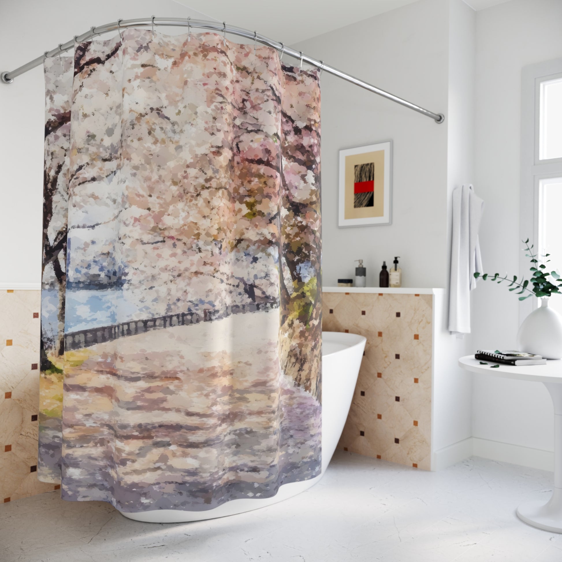 Blossom tree art shower curtain in serene modern bathroom, pastel nature decor