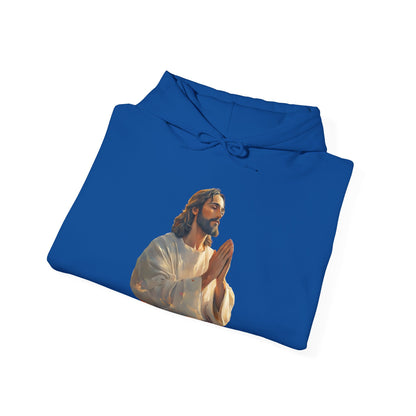 Blue hoodie featuring a praying Jesus illustration, Christian faith-inspired apparel