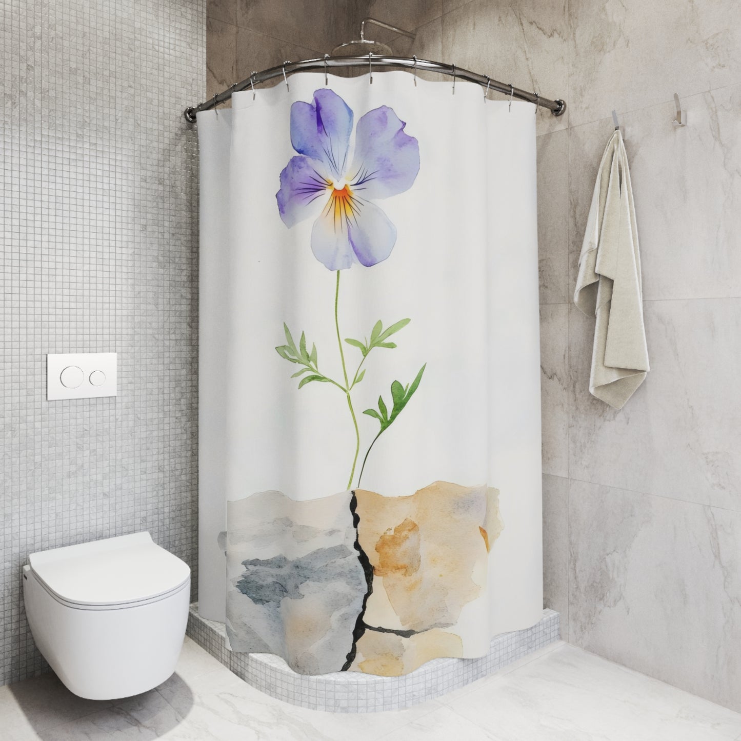 Minimalist bathroom with a shower curtain featuring a watercolor purple flower growing from cracked stone.