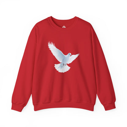 Red sweatshirt featuring a white dove, Christian faith-inspired apparel