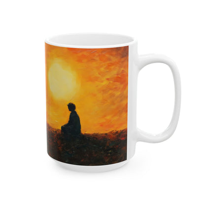 White ceramic mug featuring silhouette of meditating person at sunset, spiritual art design