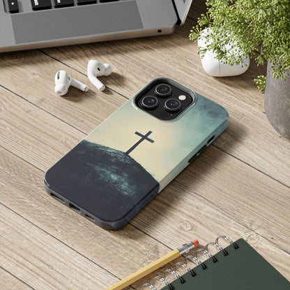 Christian phone case with cross design on hill, spiritual desk accessories, wooden surface