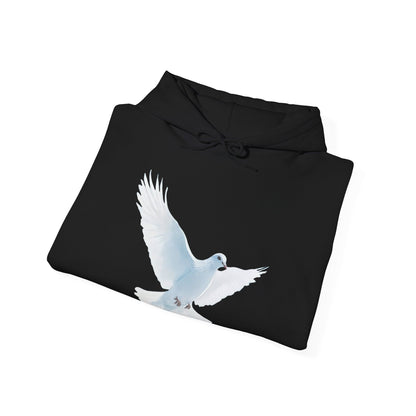Black hoodie with white dove graphic, Christian spiritual apparel, folded on white background