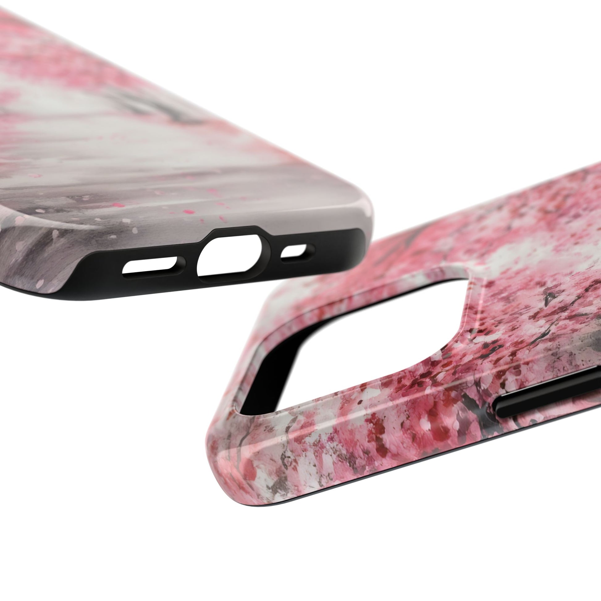Pink floral patterned phone case, close-up of camera and port openings, elegant design
