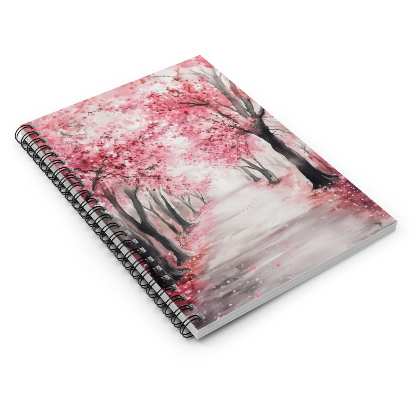 Spiral notebook featuring watercolor cherry blossom trees and serene pathway on cover