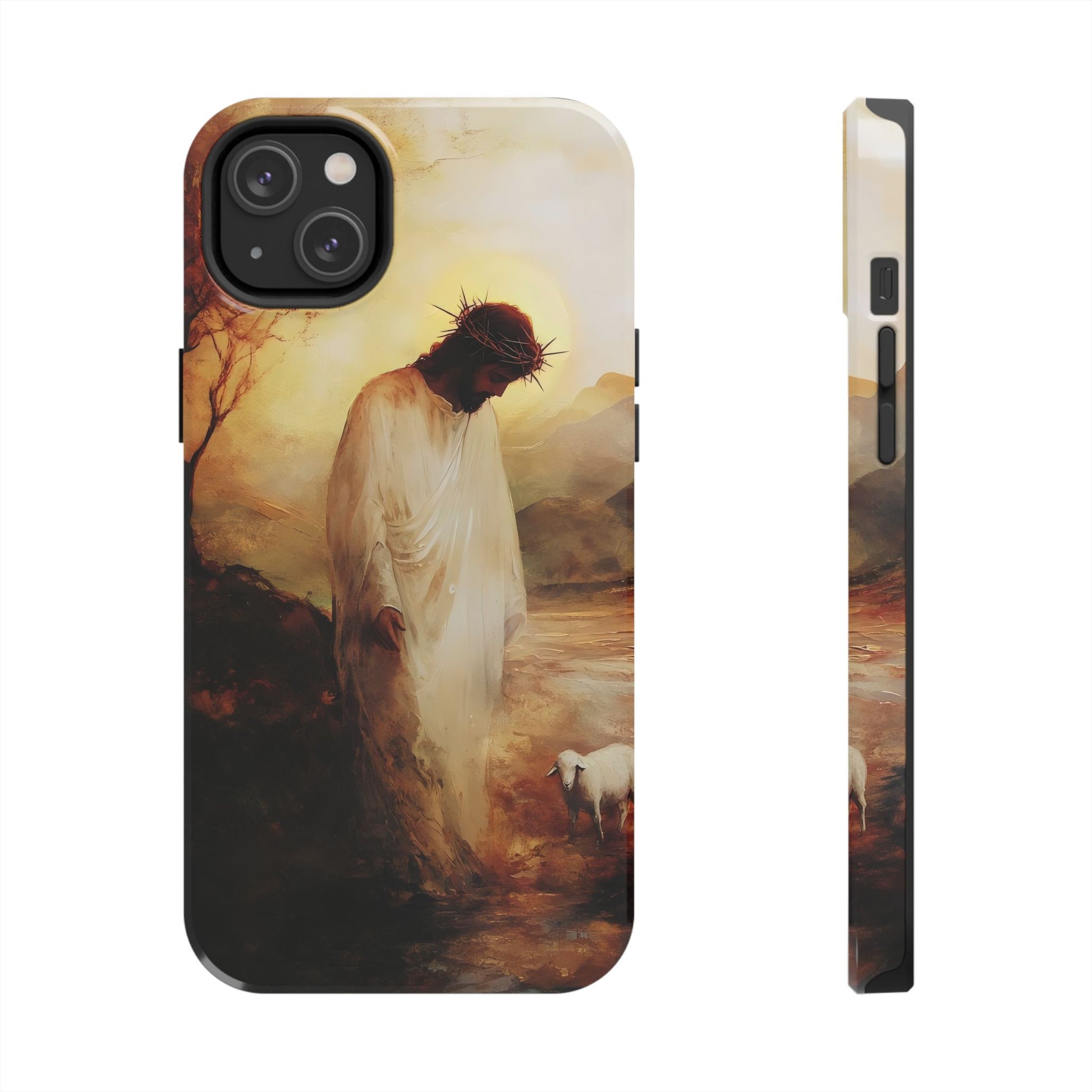 Christian phone case with Jesus in white robe, crown of thorns, and lamb in pastoral scene