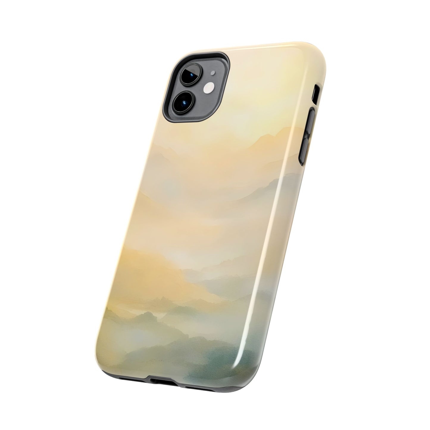 iPhone case with soft pastel mountain landscape and minimalist spiritual design